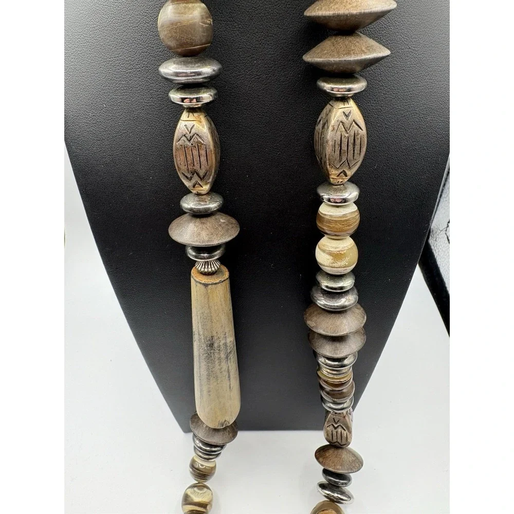 Vtg Designs By Paula Statement Necklace‎ Horn Wood Silver Toned Beads